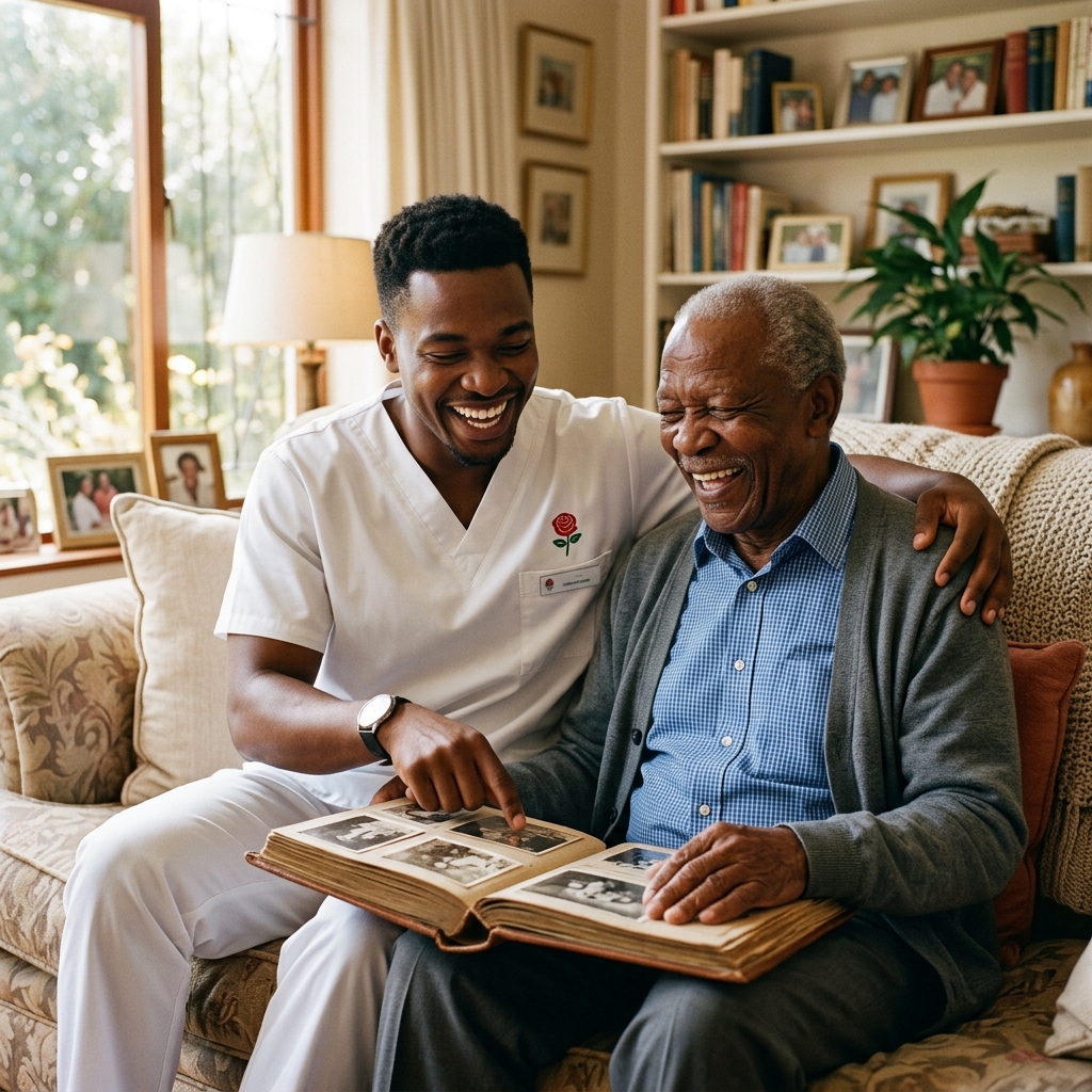 Black male caregiver in white scrubs sharing a warm laugh while looking at a photo album with an elderly black man in a cozy living room