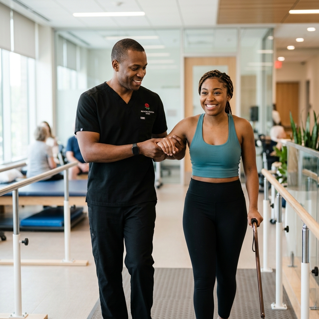 Black male nurse in black scrubs with rose logo helping a young woman walk during rehab